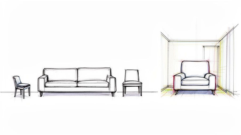 Sketches illustrating various furniture pieces: a small chair, a sofa, and an armchair drawn in a room perspective.