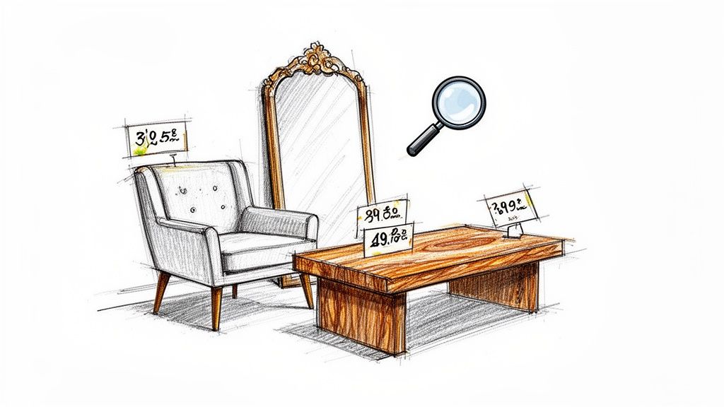 A detailed sketch illustrates living room furniture: an armchair, a mirror, and a coffee table, all featuring price tags, alongside a magnifying glass.