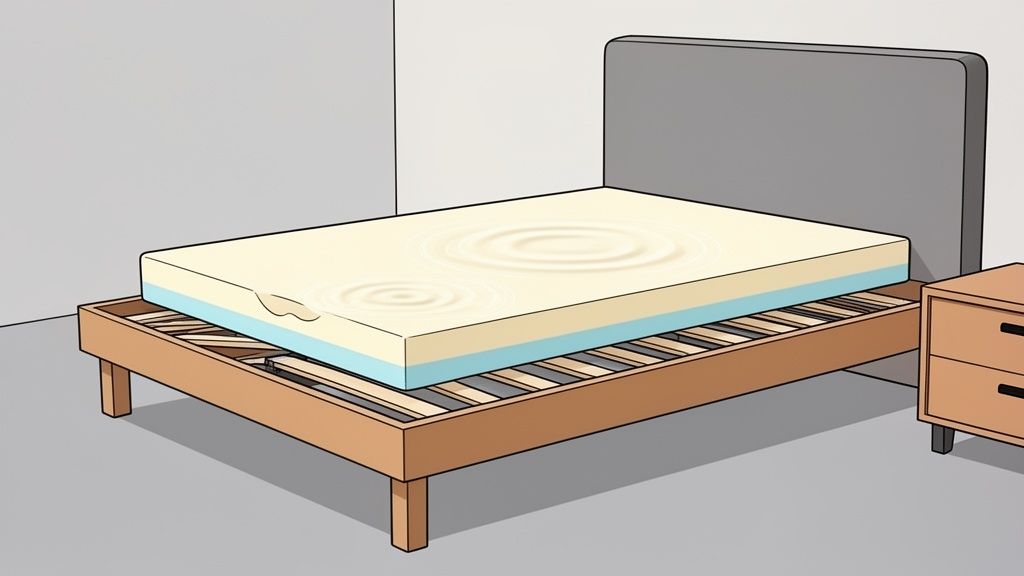 A multi-layered foam mattress sits on a wooden slatted bed frame with a grey headboard.