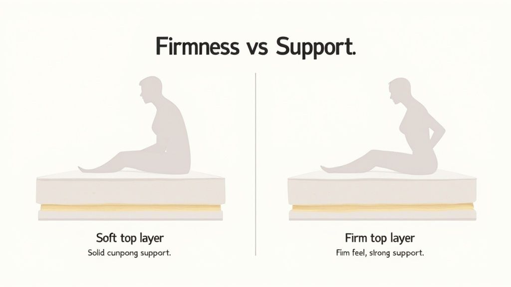 A visual guide illustrating the difference between mattress firmness and support for spinal alignment.