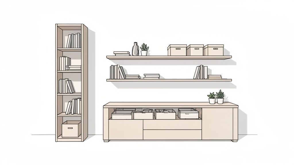 Light wood modern home office furniture with a tall bookshelf, floating shelves, and a low storage credenza.