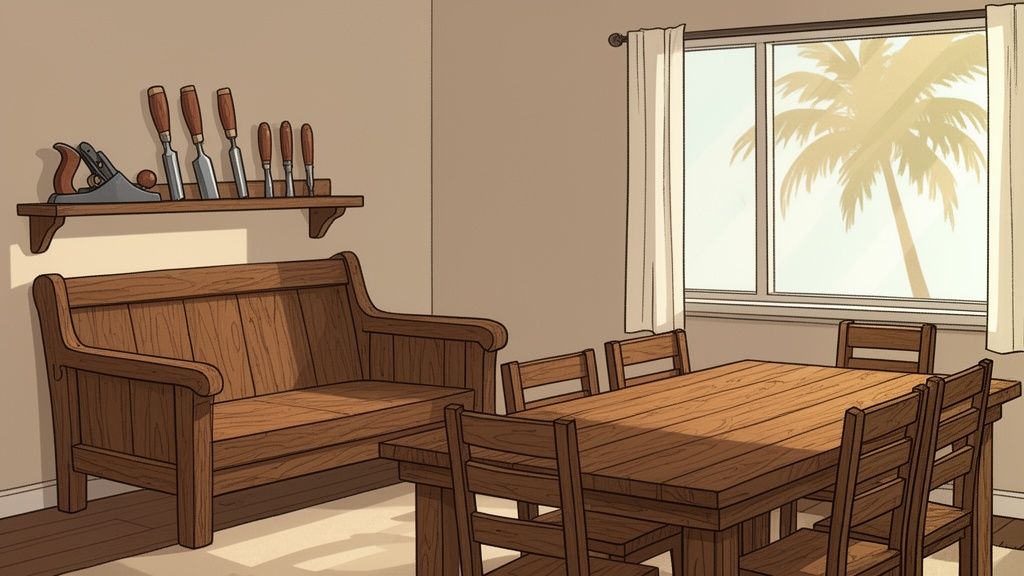A well-lit room with sturdy wooden furniture: a bench, a dining table with chairs, and woodworking tools.