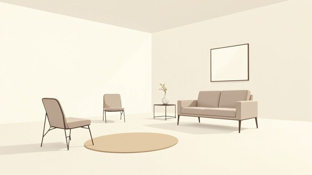 A minimalist living room with a beige sofa, two chairs, a side table with a vase, and a round rug.