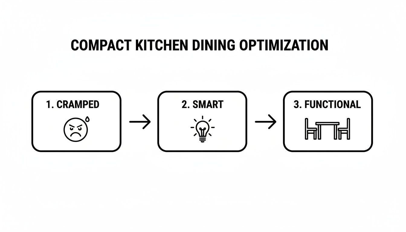 A flowchart illustrates compact kitchen dining optimization, moving from cramped to smart and functional.