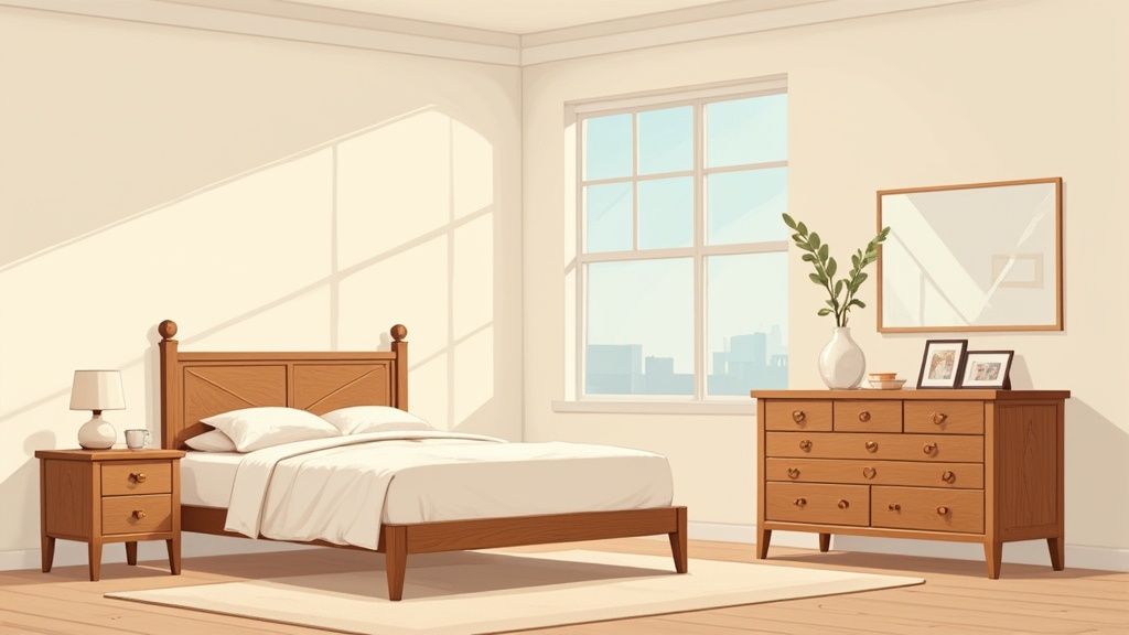 A beautifully crafted solid wood bedroom set with a bed, nightstands, and a dresser.