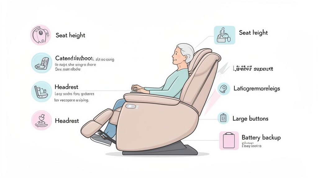 Diagram showing an elderly person in a recliner, highlighting features like seat height, headrest, large buttons, and battery backup.
