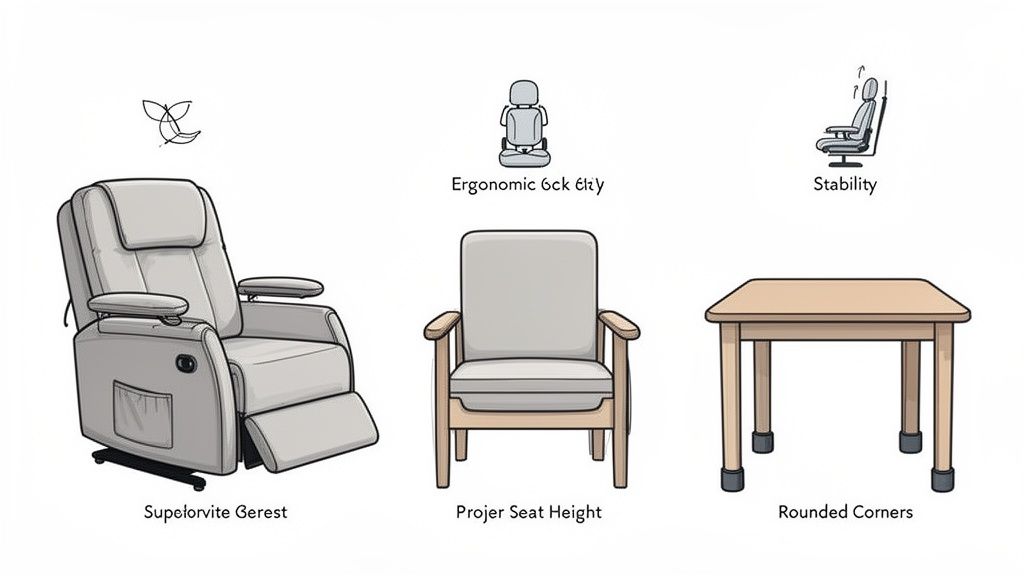 Illustration of a recliner, an armchair, and a table, highlighting ergonomic features and rounded corners.