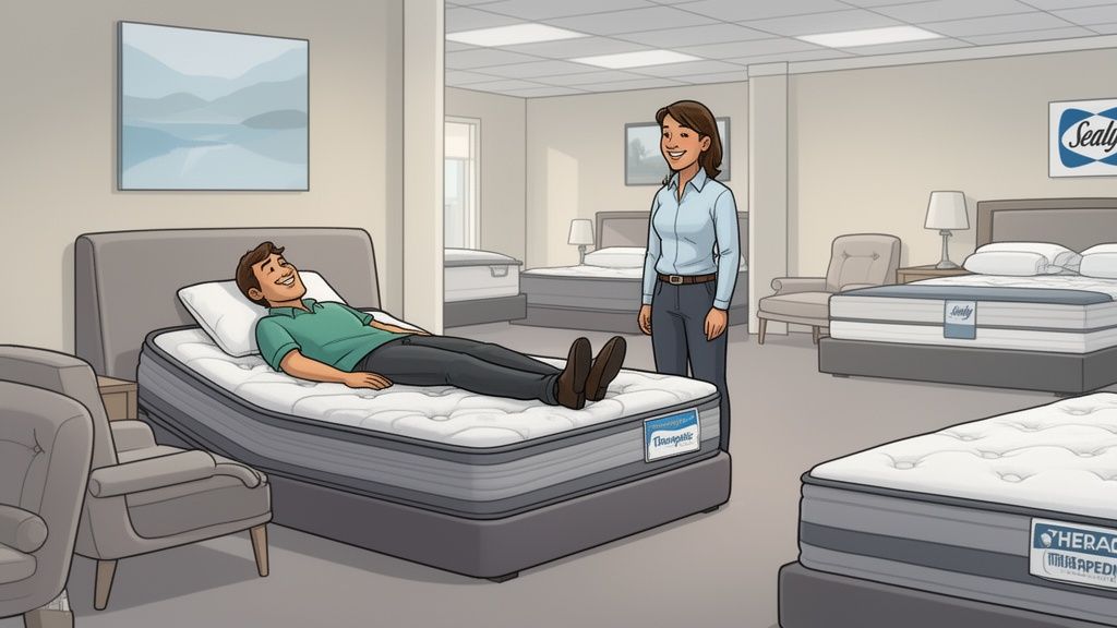 Happy man trying out a comfortable mattress in a bright mattress showroom with a saleswoman.