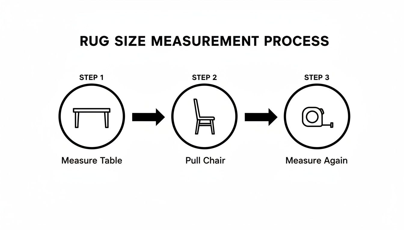 Visual guide for rug size measurement process, showing icons of a table, chair, and tape.