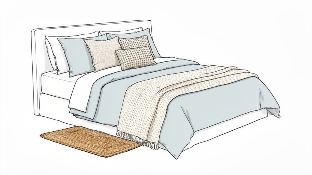 Illustration of a neatly made bed with a light blue duvet, beige throw blanket, and neutral pillows.