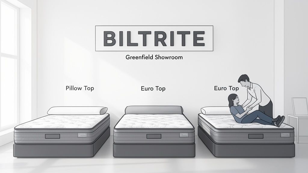 Illustration of three mattresses in a showroom, showing Pillow Top and Euro Top styles with a couple.