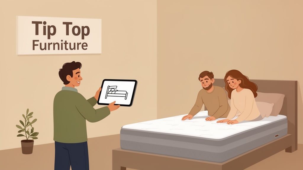 A furniture salesperson helps a couple select a mattress, displaying bed options on a tablet.