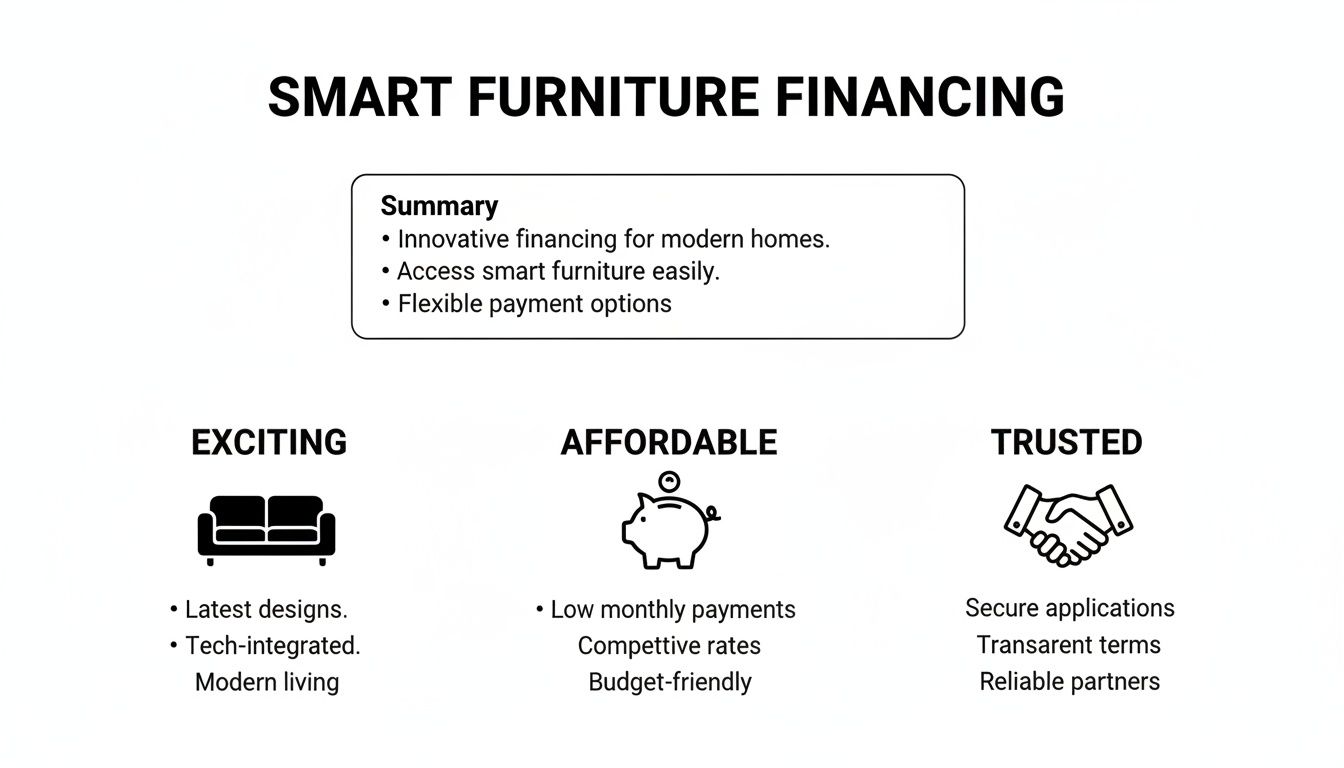 An infographic detailing smart furniture financing options, highlighting exciting, affordable, and trusted benefits.