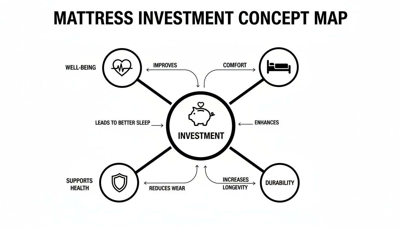 A concept map illustrating mattress investment benefits: well-being, comfort, health, and durability.