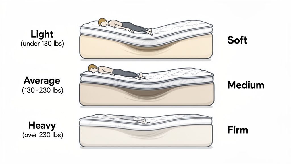 Illustration showing how mattress firmness (soft, medium, firm) affects spinal alignment for different body weights (light, average, heavy).
