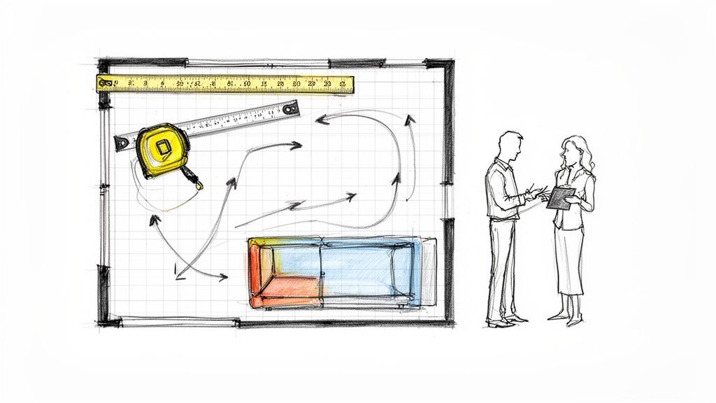 Architectural sketch of a room layout with furniture, measuring tools, arrows indicating flow, and two people discussing.
