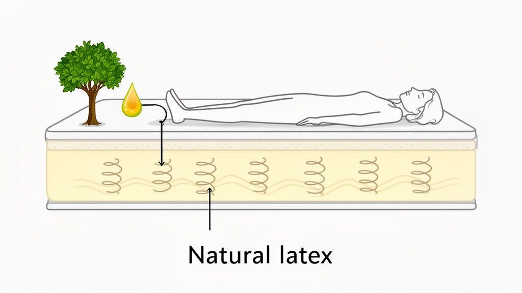 Diagram illustrating the components of a natural latex mattress, showing a tree, liquid latex, and a person sleeping.
