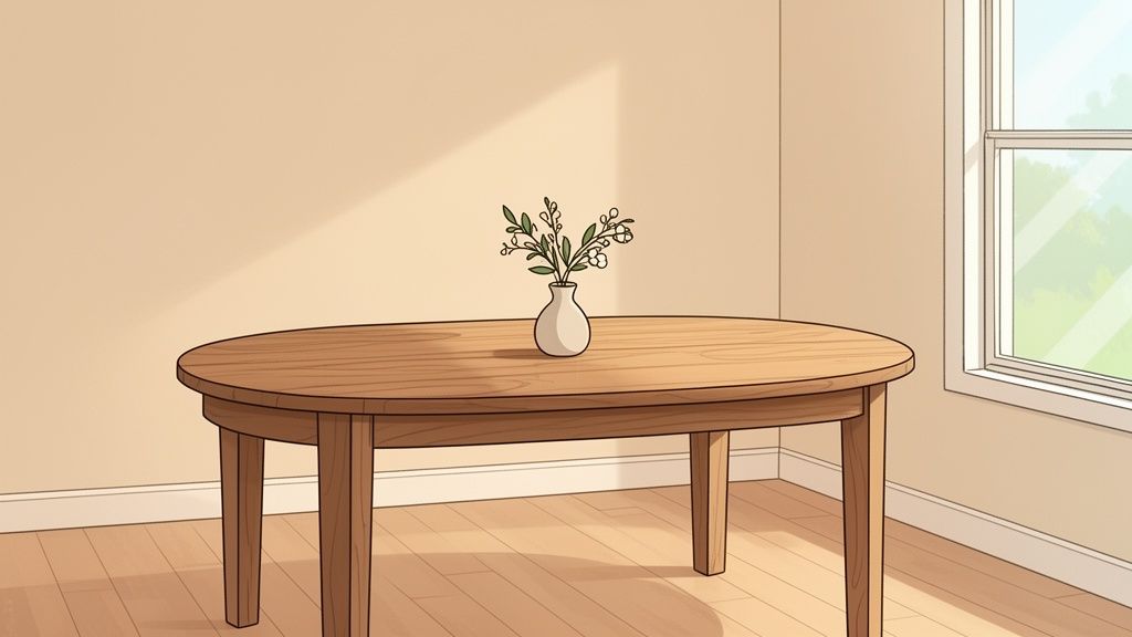 An oval wooden dining table holds a white vase with green leaves and small white flowers, bathed in sunlight.