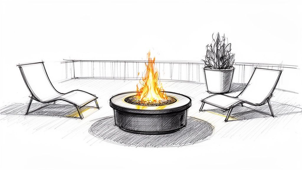An artistic sketch showing a cozy deck setup with a glowing fire pit and comfortable chairs.