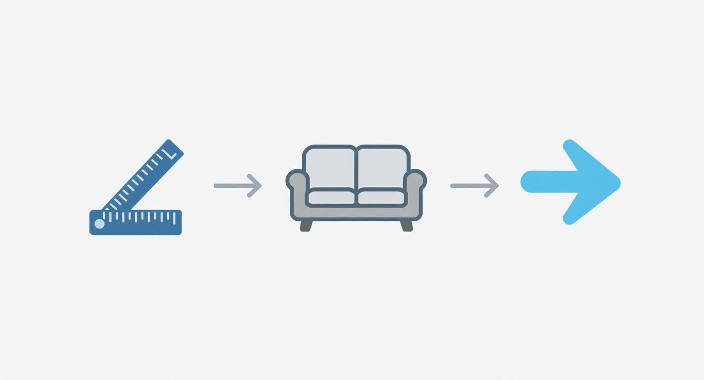 Step-by-step process diagram showing measurement ruler, sofa, and arrow indicating furniture arrangement workflow