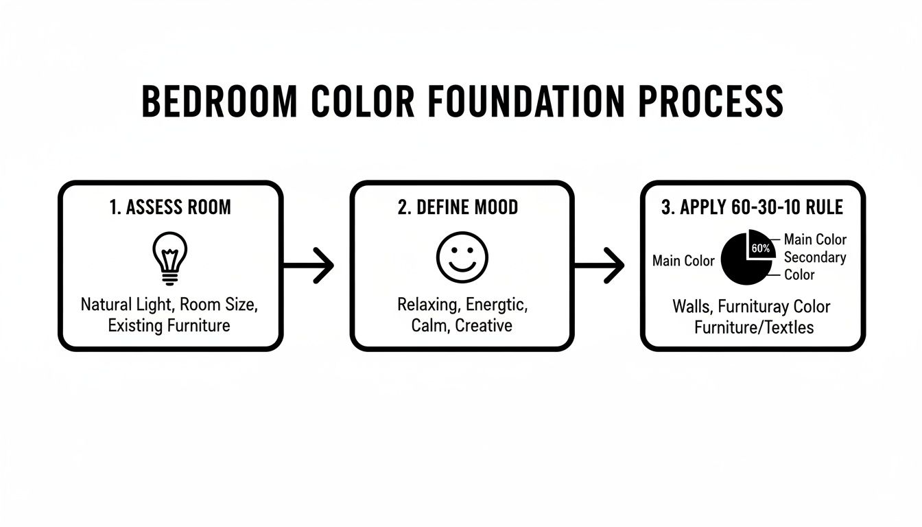 Flowchart outlining the bedroom color foundation process: assess room, define mood, and apply 60-30-10 rule.