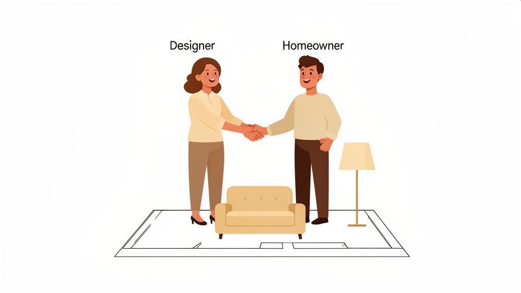 A female designer and male homeowner shake hands over a floor plan, symbolizing collaboration.
