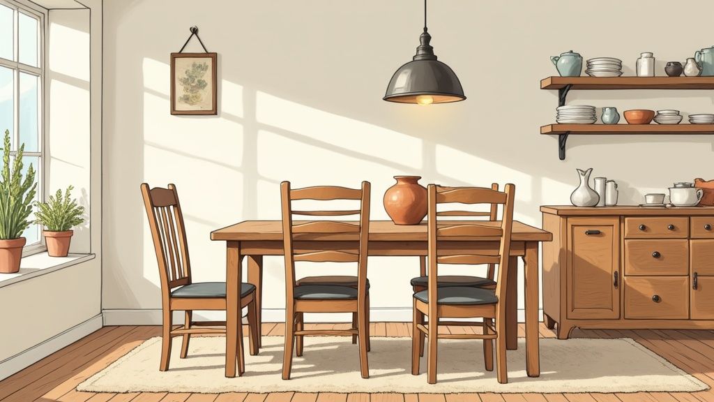A cozy dining room with wooden furniture, potted plants, and kitchenware on shelves, bathed in sunlight.