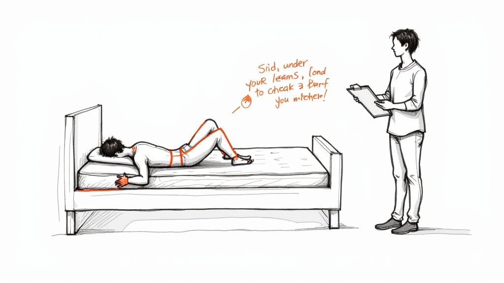 An illustrated scene shows a person in a harness lying on a bed, observed by someone with a clipboard.