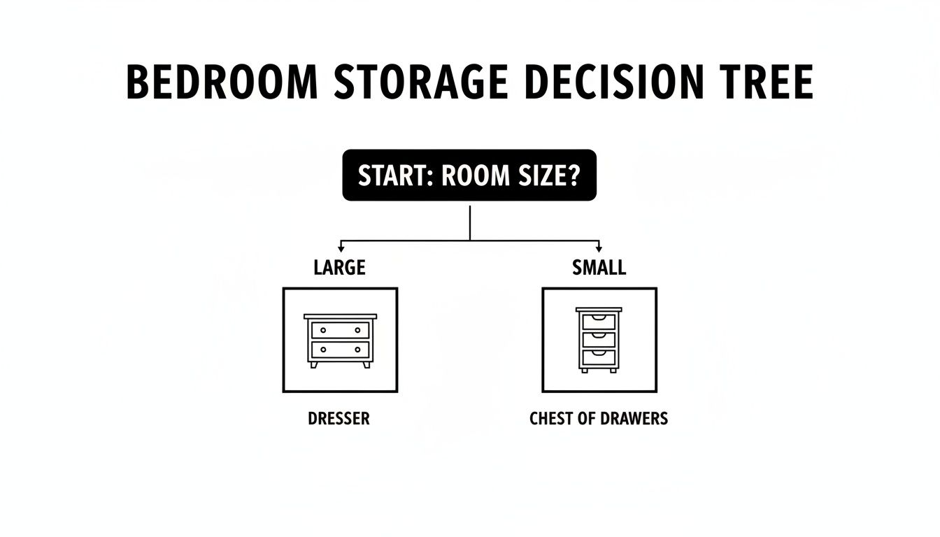 Decision tree flowchart for bedroom storage, recommending a dresser for large rooms and chest of drawers for small rooms.