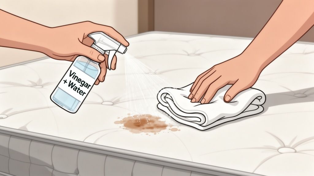 Hands spray a vinegar and water solution onto a mattress stain, while another hand dabs it with a cloth.