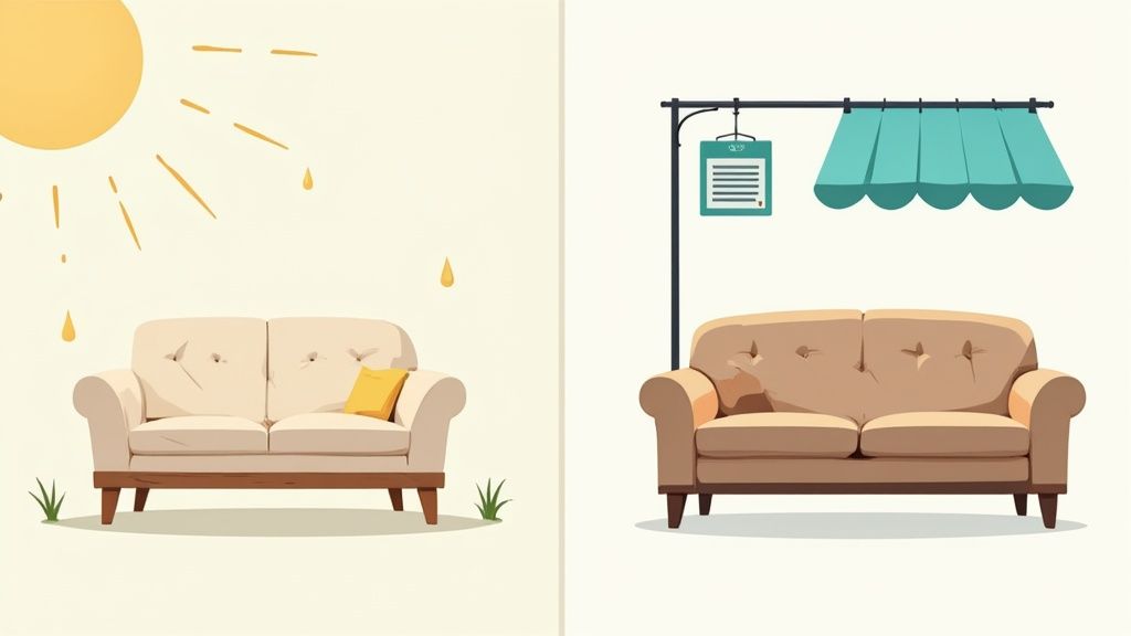 Furniture comparison showing sun-damaged sofa versus protected sofa under awning illustrating longevity