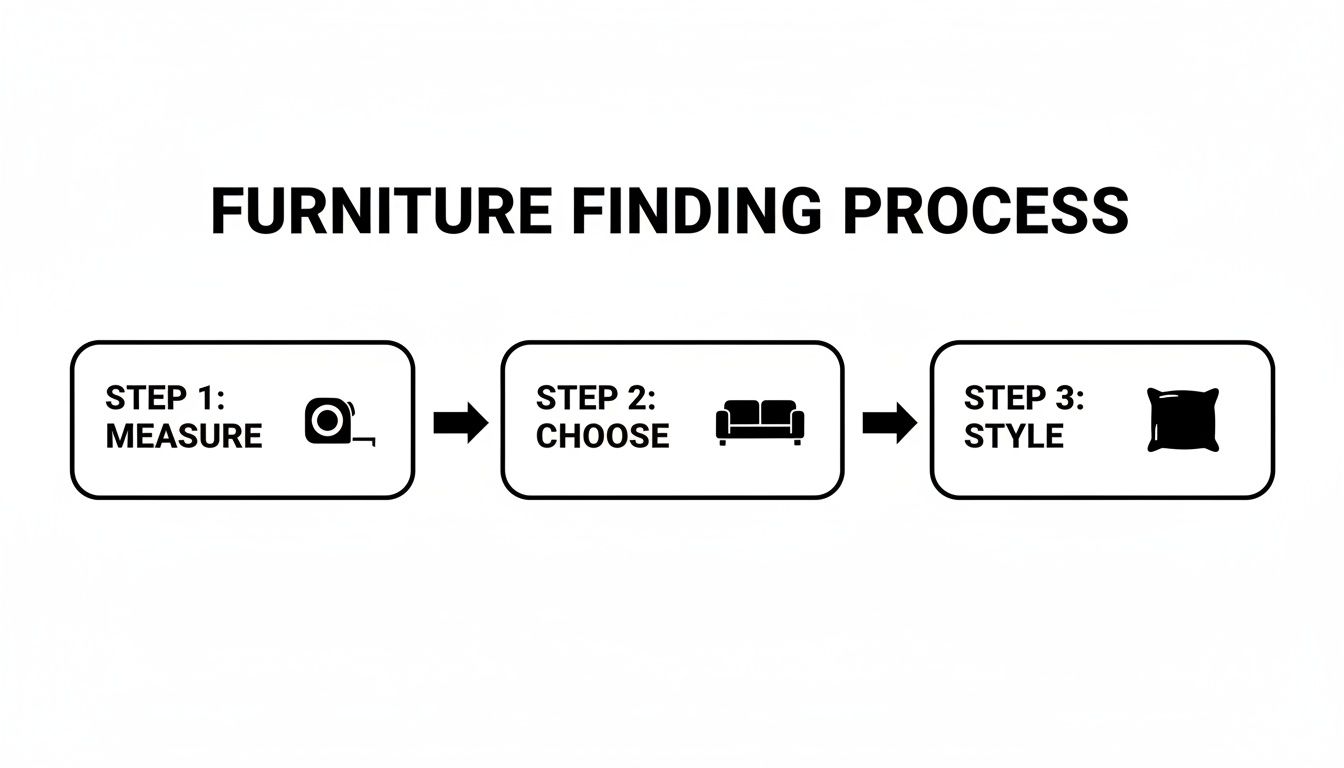 Infographic showing the three steps of the furniture finding process: measure, choose, and style.