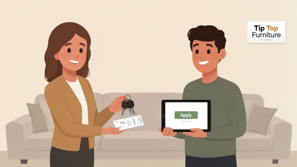 A woman hands keys and a document to a man applying on a tablet for furniture at Tip Top Furniture.