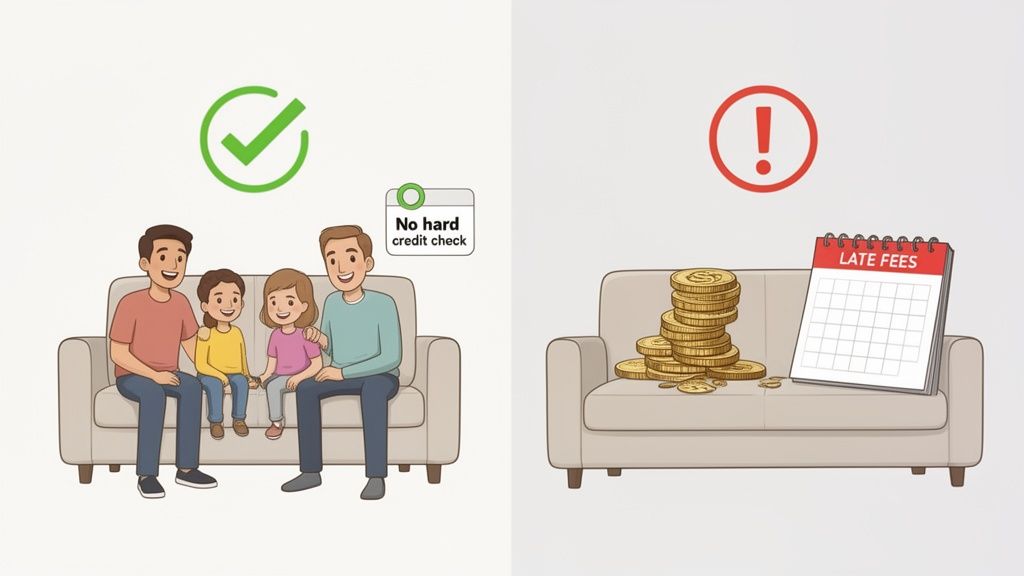Illustration showing positive 'no hard credit check' option versus negative 'late fees' for payments.