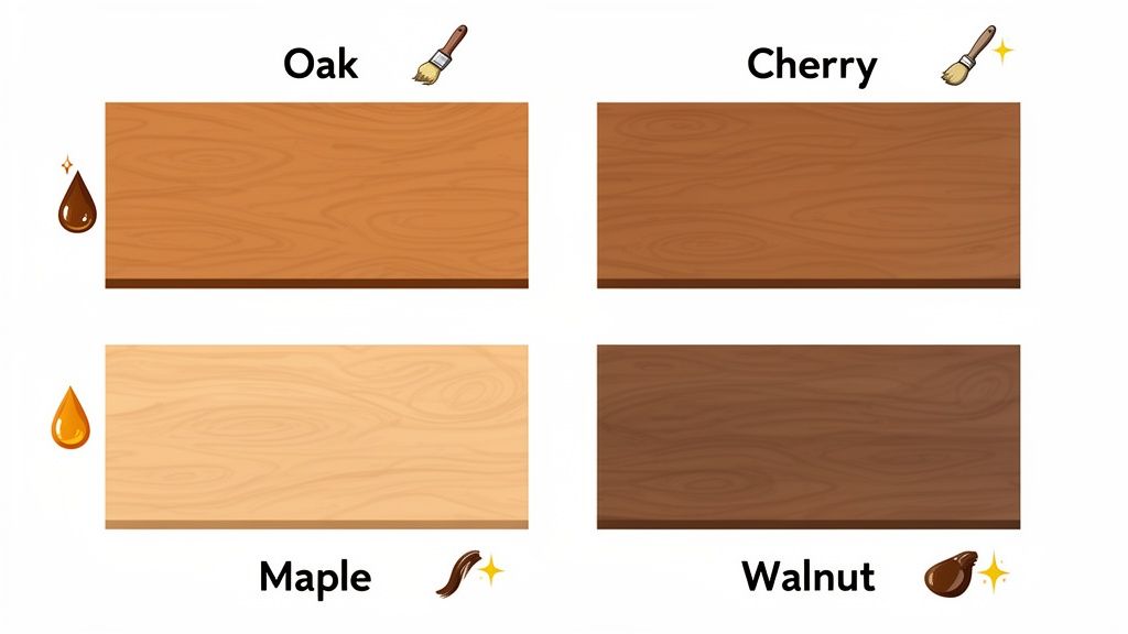 Four distinct wood types displayed: oak, cherry, maple, and walnut, showing their natural colors and grain.