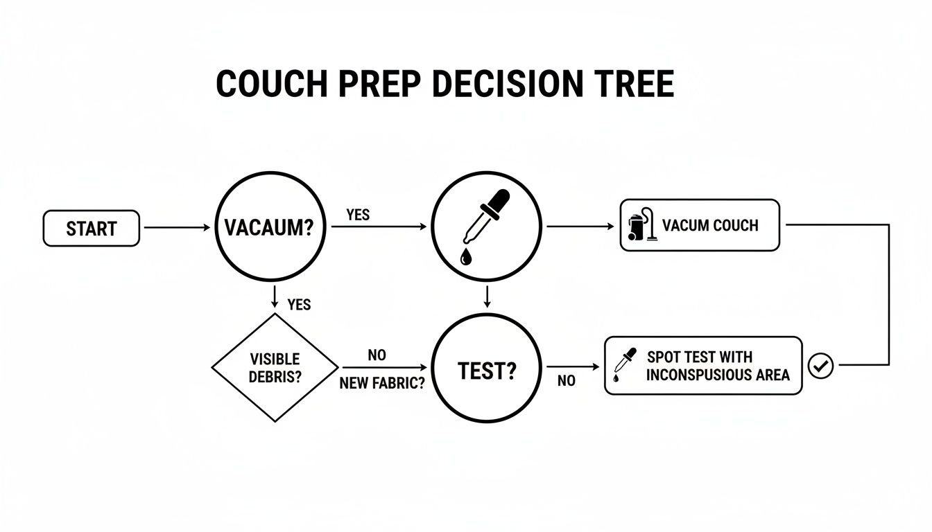 A flowchart diagram titled 'Couch Prep Decision Tree' outlining steps for cleaning and testing a couch.