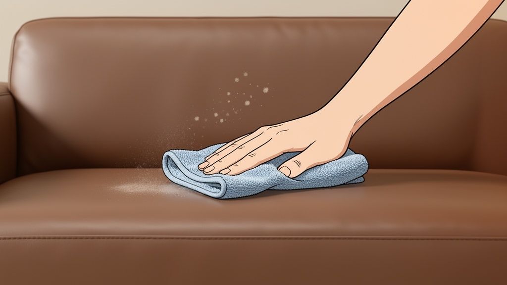 A hand using a blue microfiber cloth to wipe dust off a brown leather sofa.