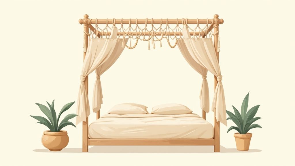A serene minimalist wooden canopy bed with cream drapes, pillows, and bedding, flanked by two potted green plants.