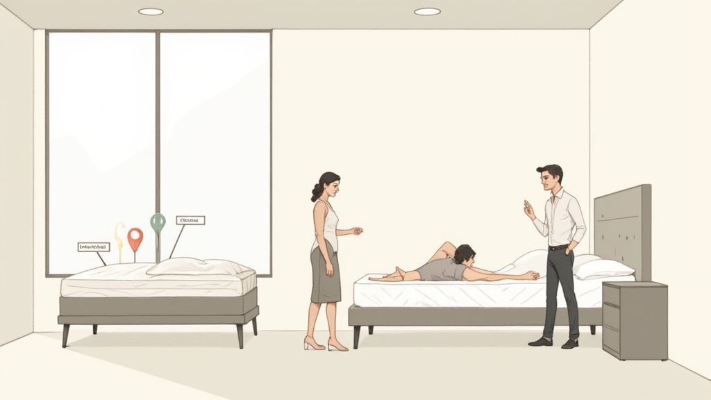 A man stretches on a mattress while a couple looks at different mattress options.