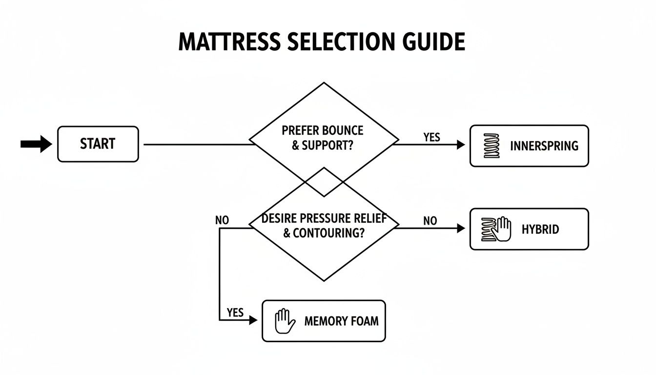 Flowchart mattress selection guide helping choose between Innerspring, Hybrid, or Memory Foam based on user preferences.