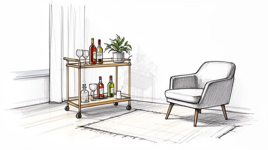 A detailed sketch of a stylish gold bar cart with wine bottles and glasses next to a modern armchair on a rug.