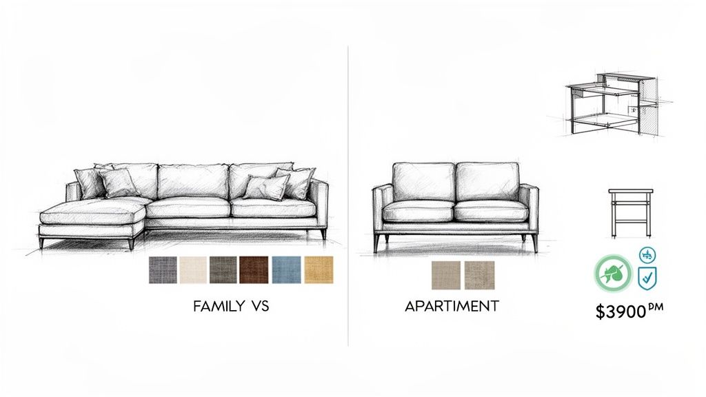 Sketches of a large sectional sofa for families and a smaller apartment sofa with fabric options and price.