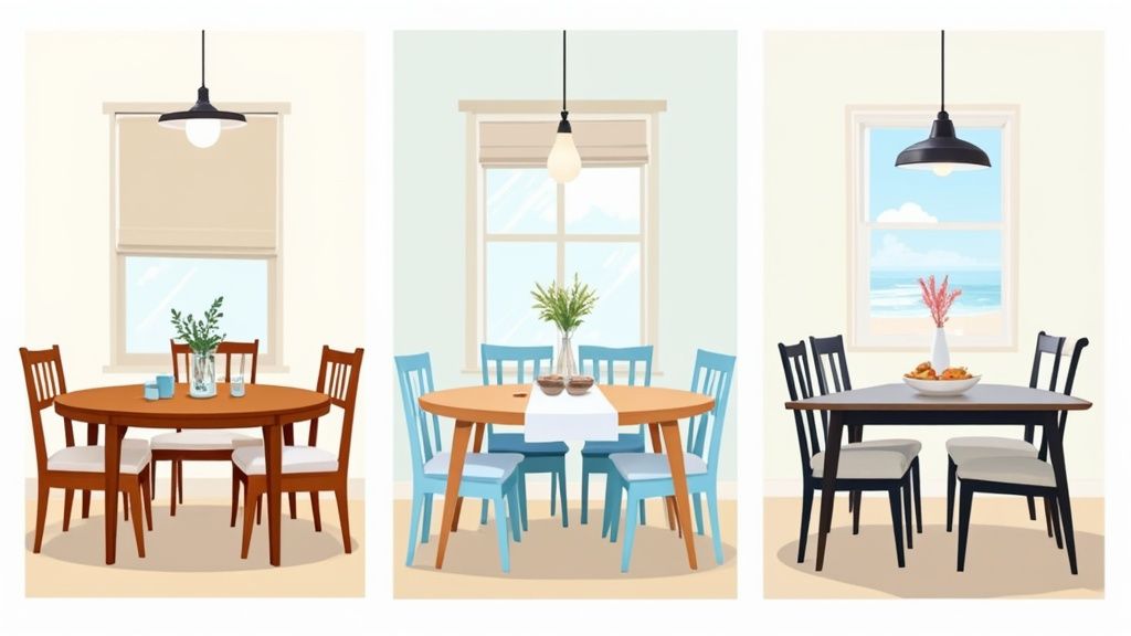 Three distinct dining room setups, each with a dining table, chairs, a light, and a window.