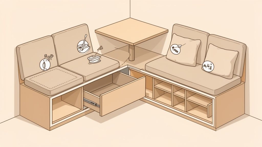 An L-shaped corner breakfast nook features bench seating with hidden storage drawers and cubbies.