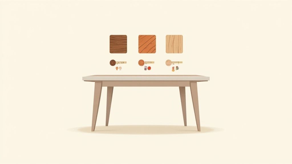 A custom Amish-made solid wood dining table set up in a modern dining room, highlighting the beautiful grain and finish.