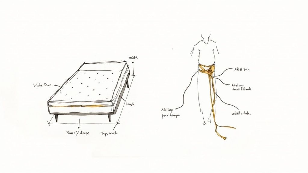 Sketches illustrating bed linen measurements like width, length, and drape, and a figure demonstrating fabric wrapping.