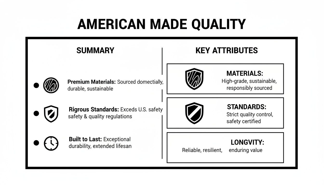 Infographic detailing American Made Quality attributes, including premium materials, rigorous standards, and longevity.