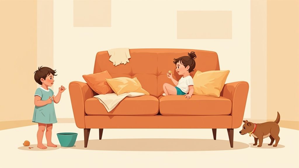 A modern living room featuring a stylish faux leather sofa.