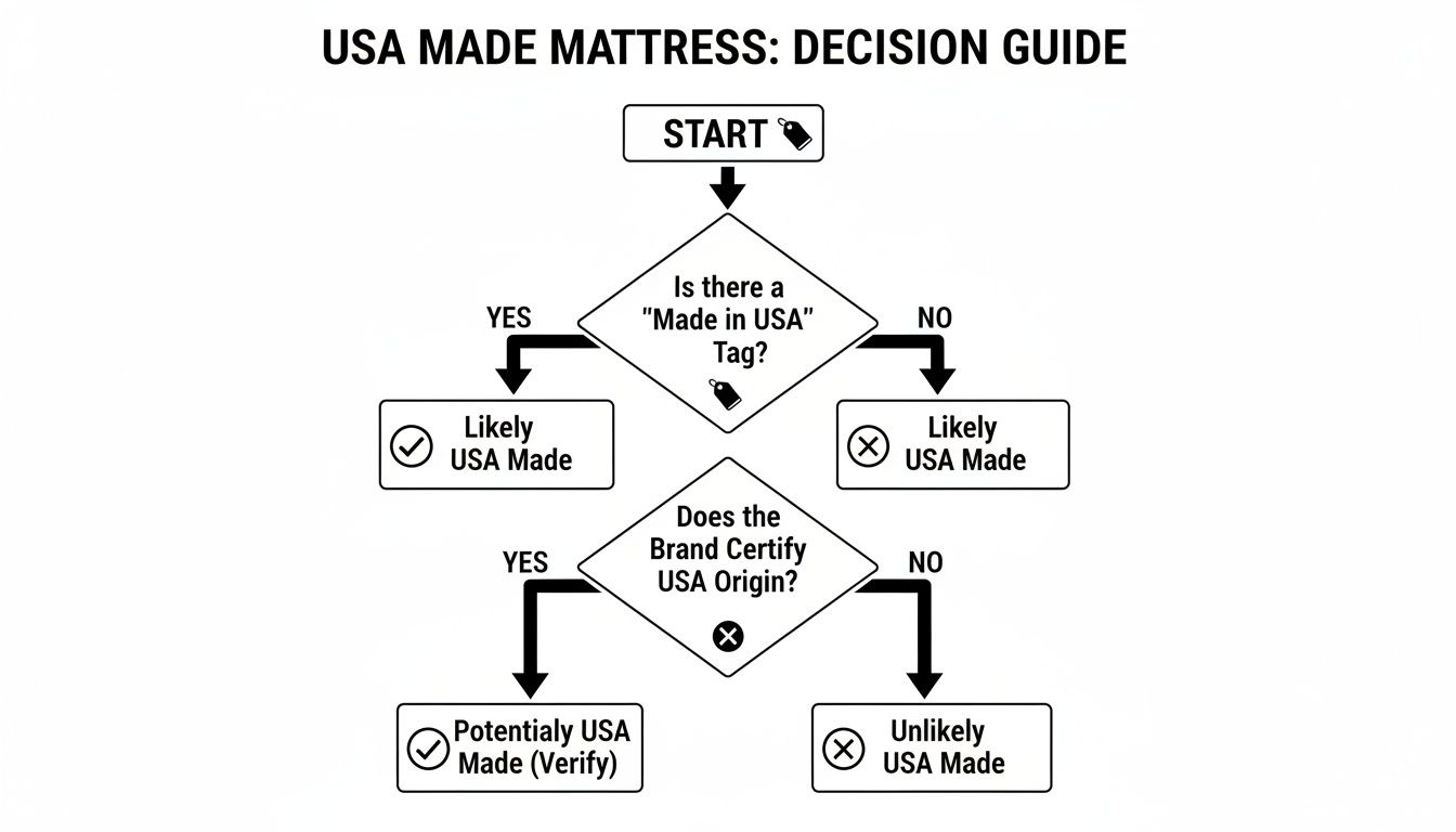 Flowchart guiding the decision on whether a mattress is USA-made, checking for tags and brand certification.