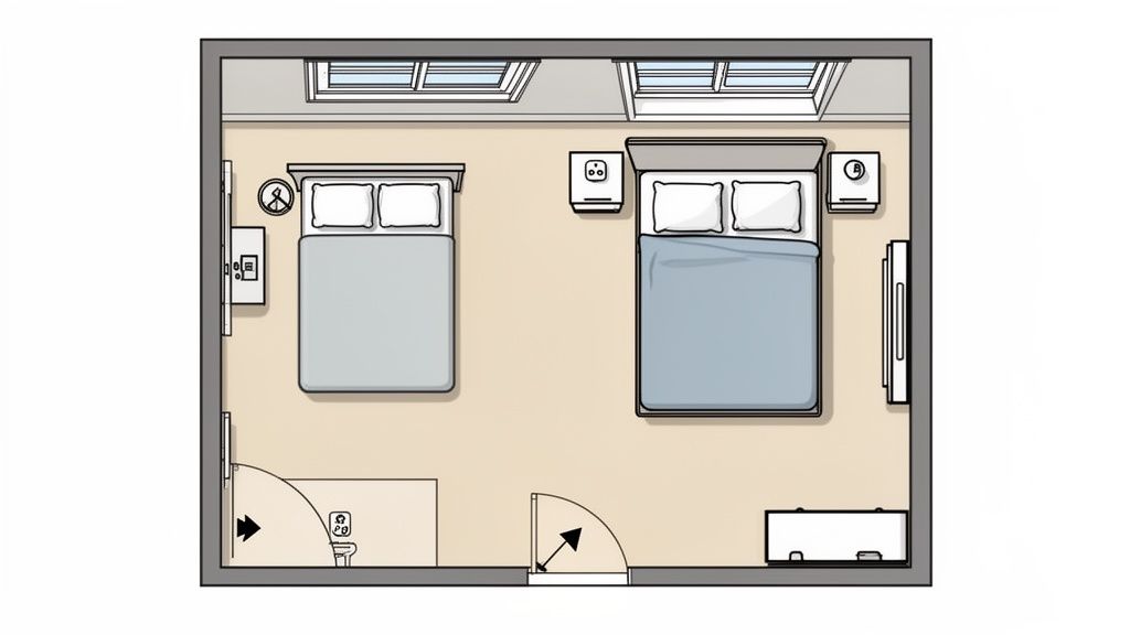 Detailed floor plan of a bedroom featuring two beds, nightstands, windows, and an en-suite toilet.